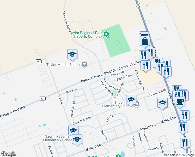 map of restaurants, bars, coffee shops, grocery stores, and more near 313 Carlos G Parker Boulevard Northwest in Taylor