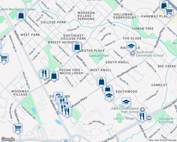 map of restaurants, bars, coffee shops, grocery stores, and more near 701 Chalet Court in College Station