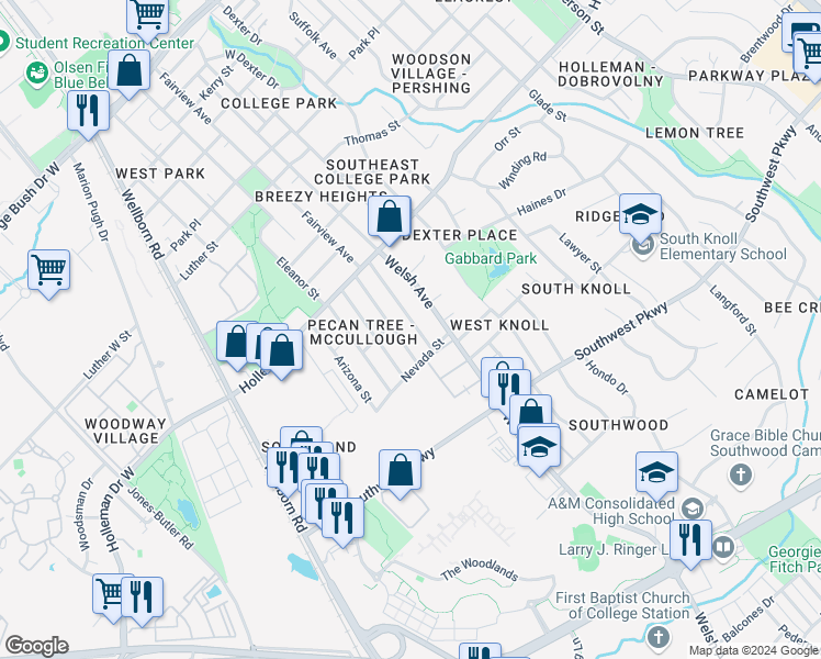 map of restaurants, bars, coffee shops, grocery stores, and more near 1208 Georgia Street in College Station