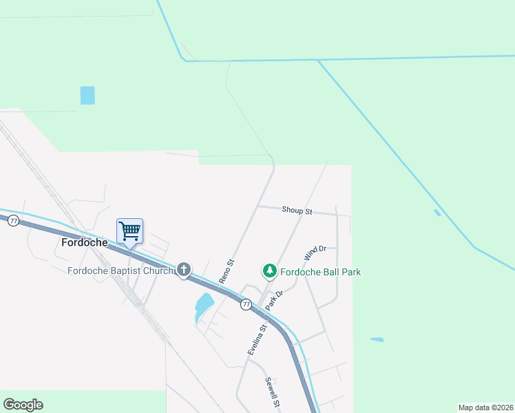 map of restaurants, bars, coffee shops, grocery stores, and more near Reno Street in Fordoche