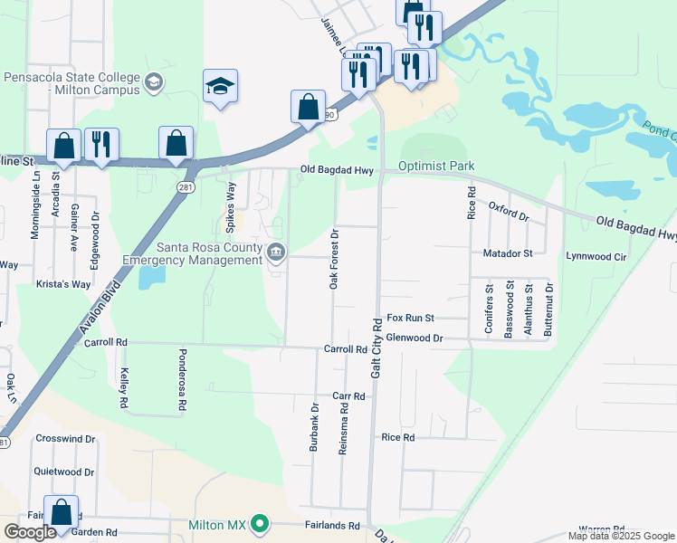 map of restaurants, bars, coffee shops, grocery stores, and more near 4476 Oak Forest Drive in Milton