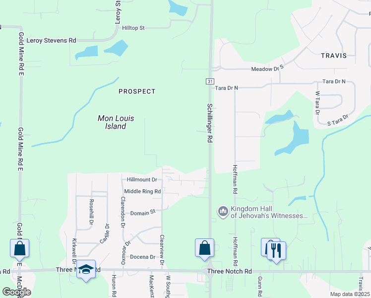 map of restaurants, bars, coffee shops, grocery stores, and more near 4414 Schillinger Road South in Mobile