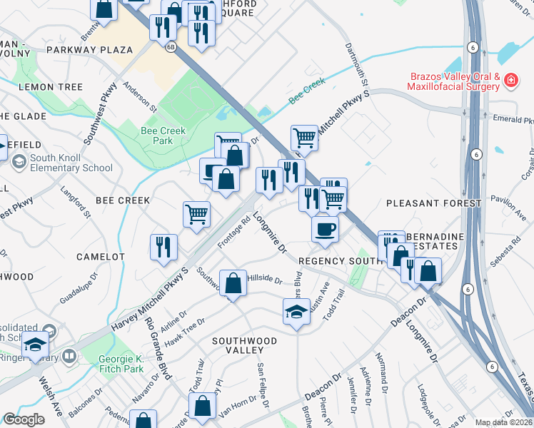 map of restaurants, bars, coffee shops, grocery stores, and more near 2210 Harvey Mitchell Pkwy S in College Station