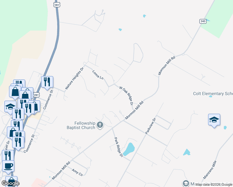 map of restaurants, bars, coffee shops, grocery stores, and more near 806b West Oak Ridge Drive in Marble Falls