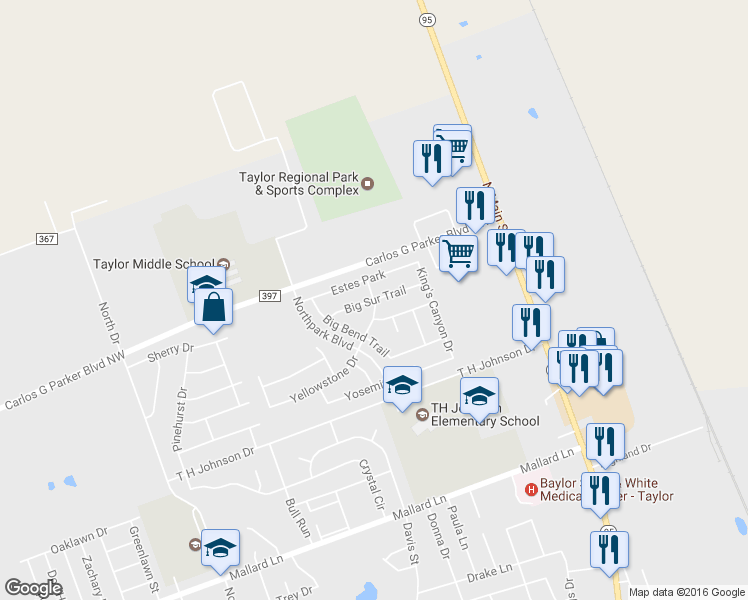 map of restaurants, bars, coffee shops, grocery stores, and more near 4399 Yellowstone Drive in Taylor
