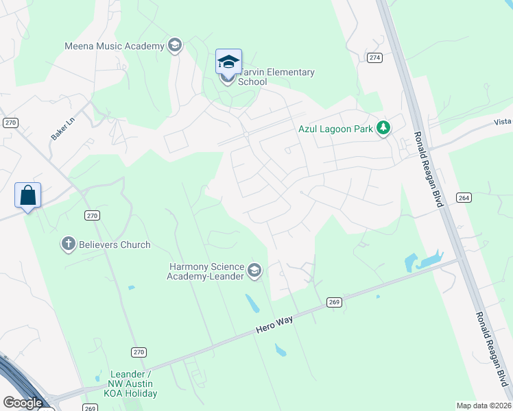 map of restaurants, bars, coffee shops, grocery stores, and more near 2112 Palmera Ridge Boulevard in Leander