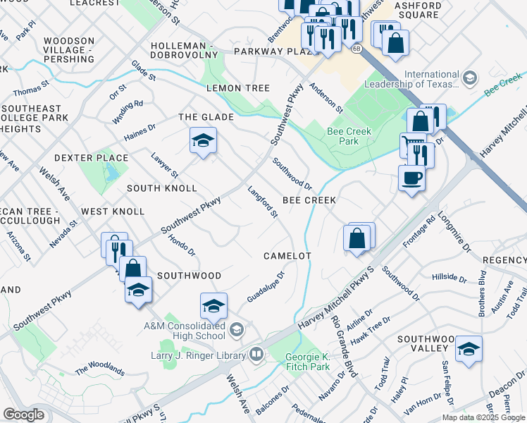 map of restaurants, bars, coffee shops, grocery stores, and more near 1819 Langford Street in College Station