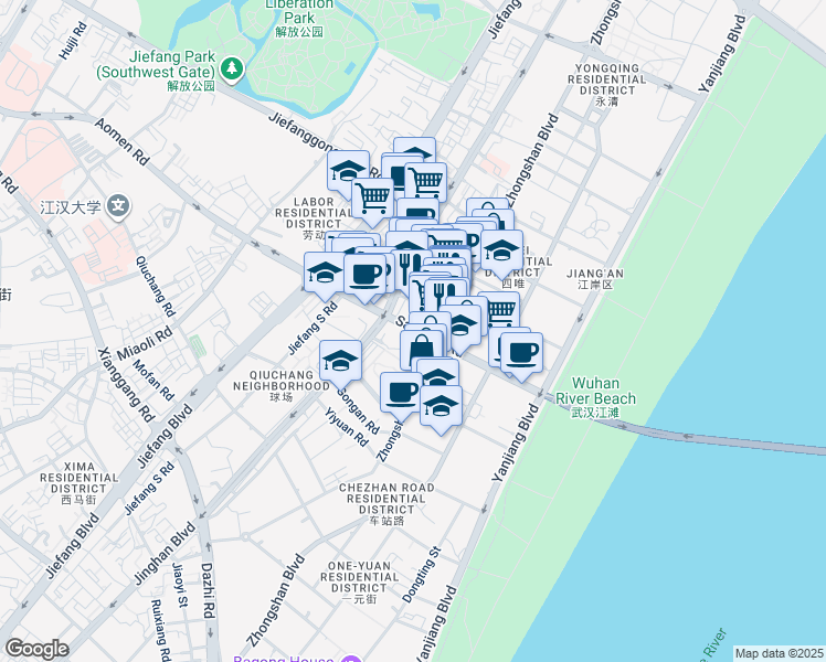 map of restaurants, bars, coffee shops, grocery stores, and more near San Yang Lu in Wu Han Shi