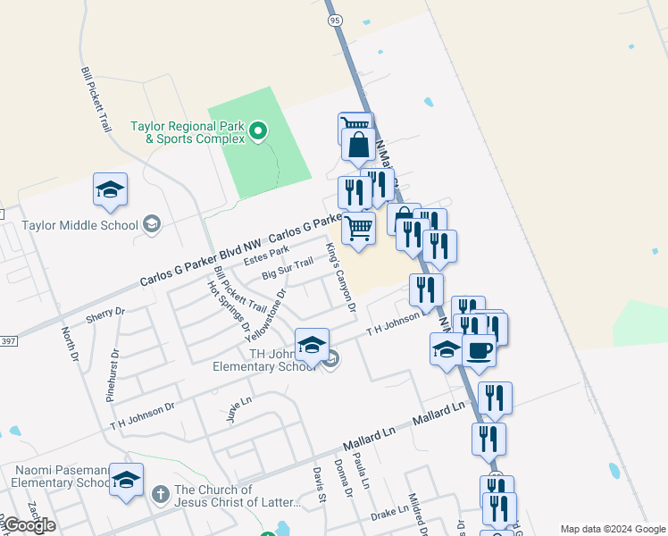 map of restaurants, bars, coffee shops, grocery stores, and more near 500 Glacier Point Trail in Taylor