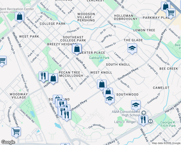 map of restaurants, bars, coffee shops, grocery stores, and more near 701 Chalet Court in College Station