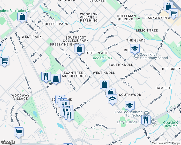 map of restaurants, bars, coffee shops, grocery stores, and more near 701 Chalet Court in College Station