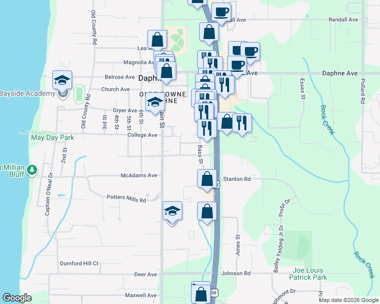 map of restaurants, bars, coffee shops, grocery stores, and more near 910 Bonita Avenue in Daphne