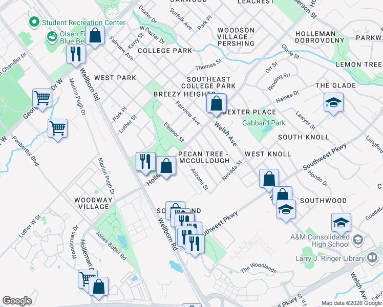 map of restaurants, bars, coffee shops, grocery stores, and more near 320 Holleman Drive in College Station