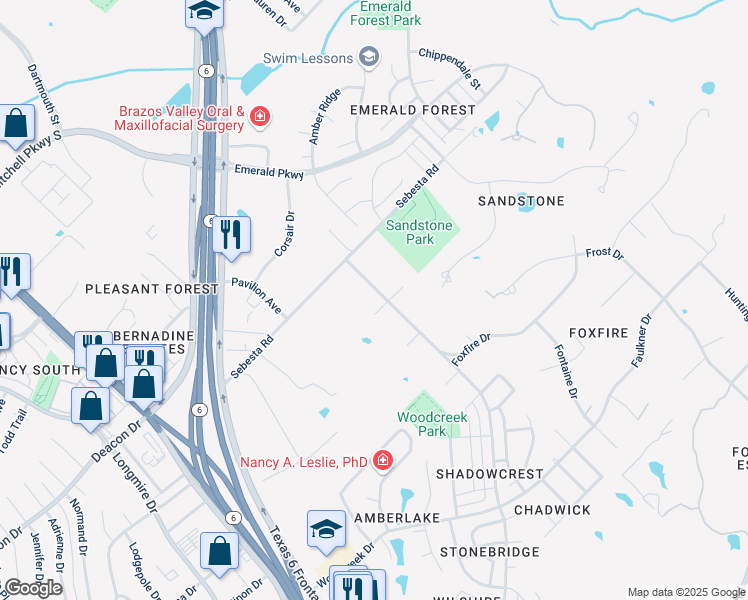 map of restaurants, bars, coffee shops, grocery stores, and more near 1204 Foxfire Drive in College Station