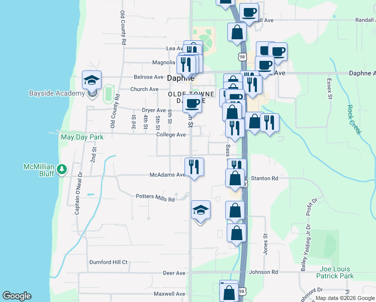 map of restaurants, bars, coffee shops, grocery stores, and more near 1403 Main Street in Daphne
