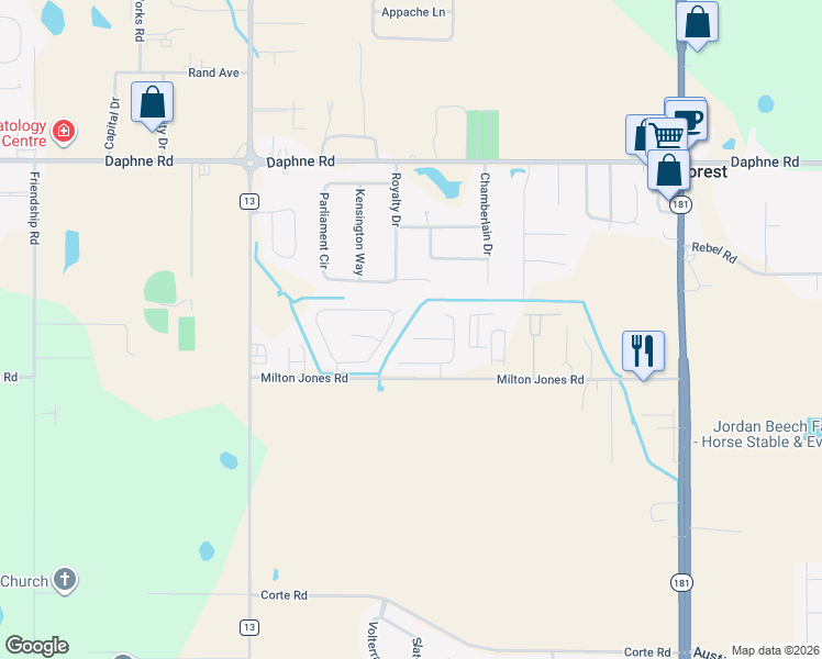 map of restaurants, bars, coffee shops, grocery stores, and more near 9381 Sable Court in Daphne