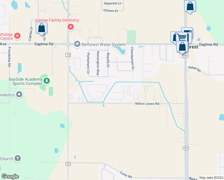 map of restaurants, bars, coffee shops, grocery stores, and more near 9381 Sable Court in Daphne