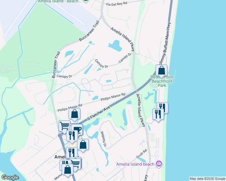 map of restaurants, bars, coffee shops, grocery stores, and more near 95169 Willet Way in Fernandina Beach