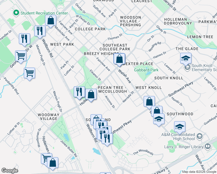 map of restaurants, bars, coffee shops, grocery stores, and more near 1115 Carolina Street in College Station