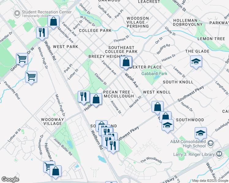 map of restaurants, bars, coffee shops, grocery stores, and more near 1115 Carolina Street in College Station