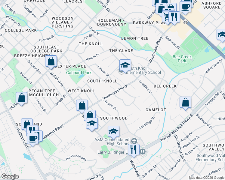 map of restaurants, bars, coffee shops, grocery stores, and more near 1704 Trinity Place in College Station