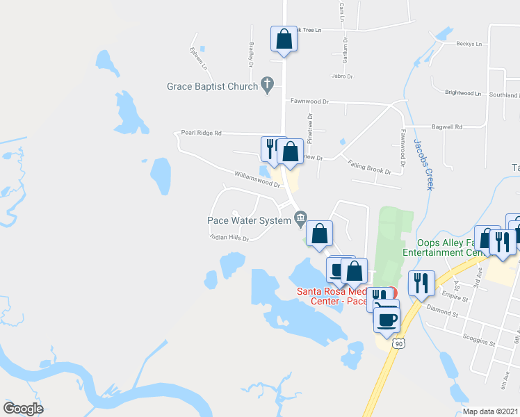 map of restaurants, bars, coffee shops, grocery stores, and more near 4404 Copperhead Drive in Pace