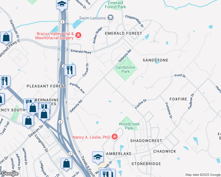 map of restaurants, bars, coffee shops, grocery stores, and more near 1204 Foxfire Drive in College Station