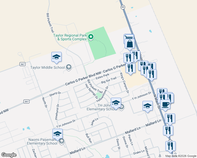 map of restaurants, bars, coffee shops, grocery stores, and more near 713 Estes Park in Taylor