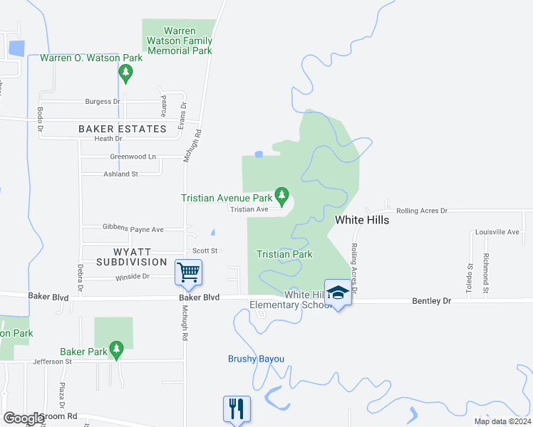 map of restaurants, bars, coffee shops, grocery stores, and more near 5102 Tristian Avenue in Baker