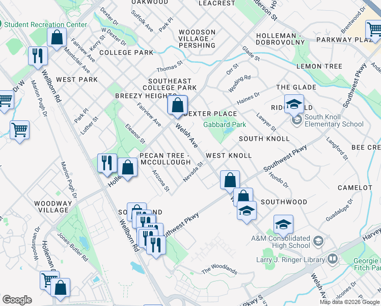 map of restaurants, bars, coffee shops, grocery stores, and more near 1134 Georgia Street in College Station