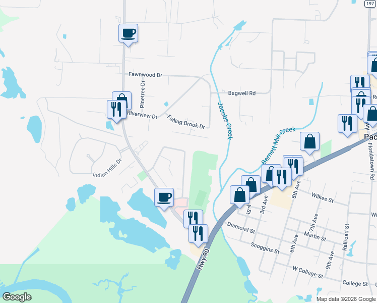 map of restaurants, bars, coffee shops, grocery stores, and more near 4360 Bayou Ridge Drive in Pace