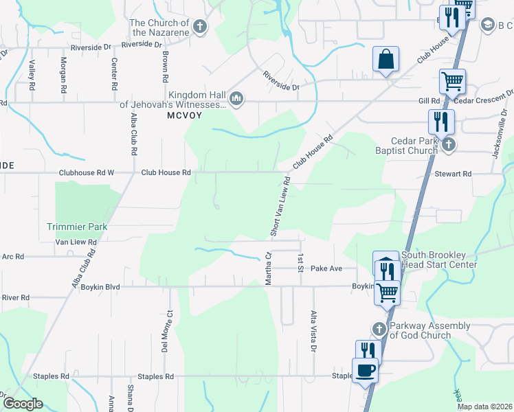 map of restaurants, bars, coffee shops, grocery stores, and more near 2115 Club House Road in Mobile