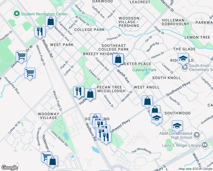 map of restaurants, bars, coffee shops, grocery stores, and more near 320 Holleman Drive in College Station