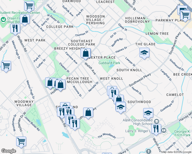 map of restaurants, bars, coffee shops, grocery stores, and more near 701 Chalet Court in College Station