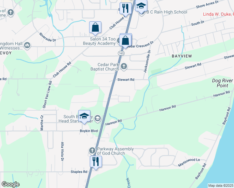map of restaurants, bars, coffee shops, grocery stores, and more near 3563 Dauphin Island Pkwy in Mobile