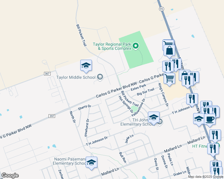 map of restaurants, bars, coffee shops, grocery stores, and more near 304 Carlos G Parker Boulevard Northwest in Taylor