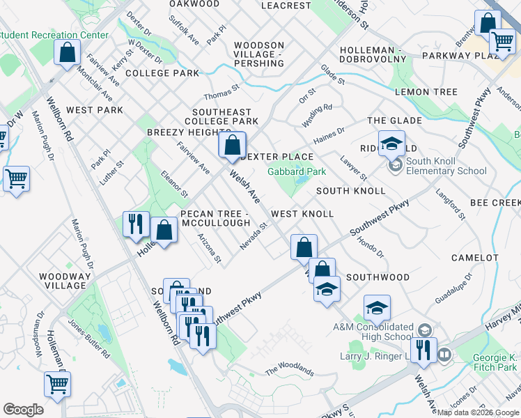 map of restaurants, bars, coffee shops, grocery stores, and more near 701 Chalet Court in College Station
