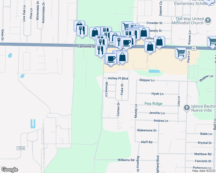 map of restaurants, bars, coffee shops, grocery stores, and more near 4715 Frances Street in Pace