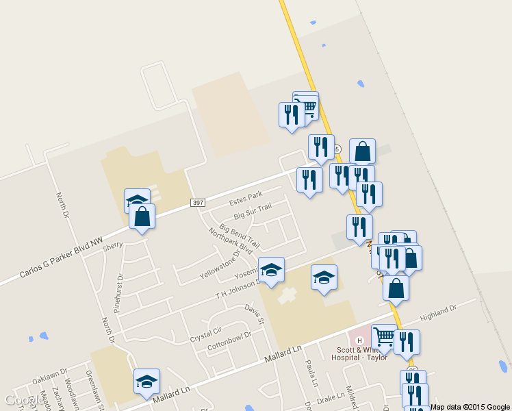 map of restaurants, bars, coffee shops, grocery stores, and more near 608 Big Sur Trail in Taylor