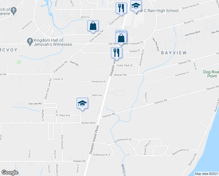 map of restaurants, bars, coffee shops, grocery stores, and more near 3565 Dauphin Island Parkway in Mobile