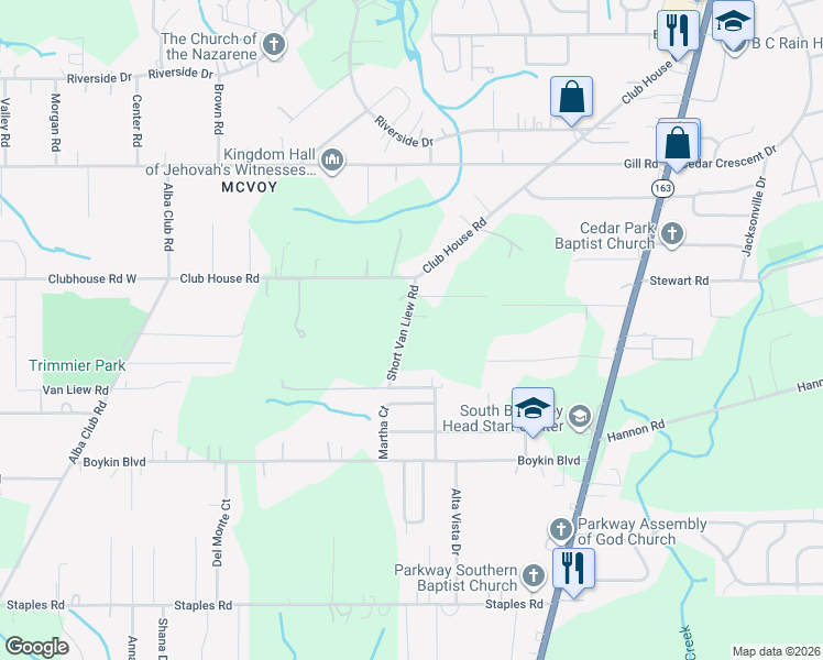 map of restaurants, bars, coffee shops, grocery stores, and more near 3555 Short Van Liew Road in Mobile