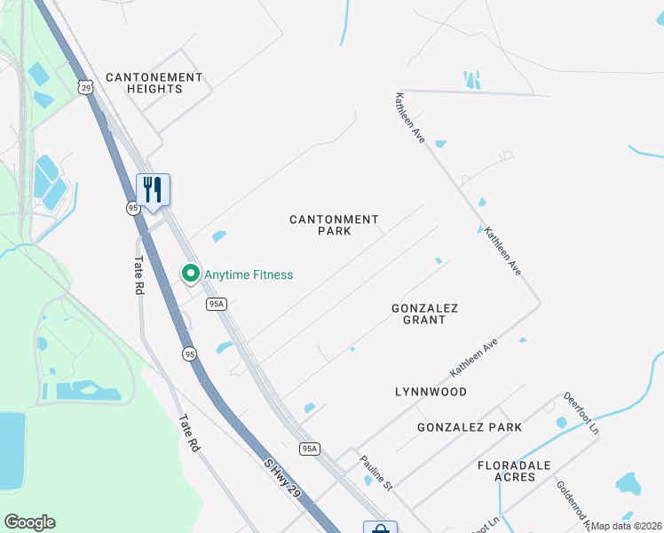 map of restaurants, bars, coffee shops, grocery stores, and more near 626 Benjulyn Road in Cantonment