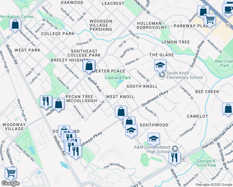 map of restaurants, bars, coffee shops, grocery stores, and more near 811 Concho Place in College Station