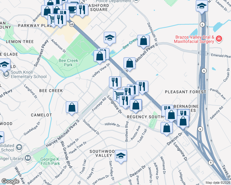 map of restaurants, bars, coffee shops, grocery stores, and more near 2210 Harvey Mitchell Parkway South in College Station