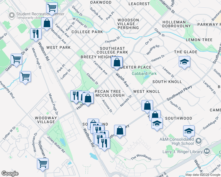 map of restaurants, bars, coffee shops, grocery stores, and more near 1115 Carolina Street in College Station