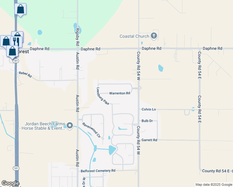 map of restaurants, bars, coffee shops, grocery stores, and more near Warrenton Road in Daphne