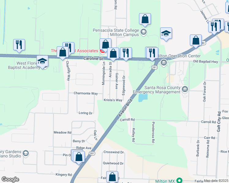 map of restaurants, bars, coffee shops, grocery stores, and more near 4485 Gainer Ave in Milton