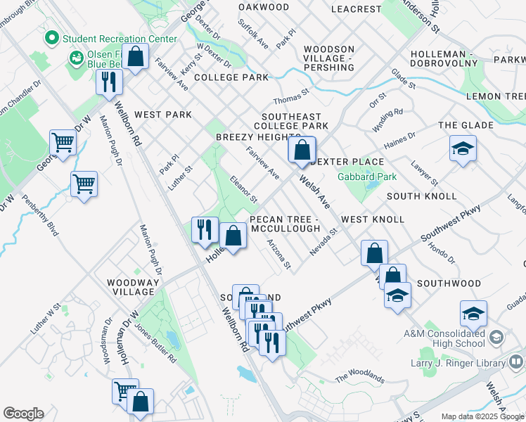 map of restaurants, bars, coffee shops, grocery stores, and more near 320 Holleman Drive in College Station
