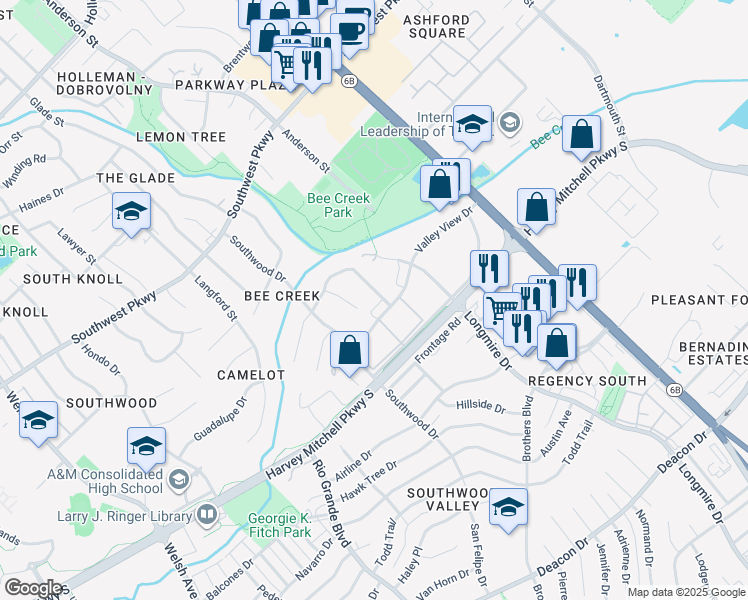 map of restaurants, bars, coffee shops, grocery stores, and more near 2010 Angelina Court in College Station
