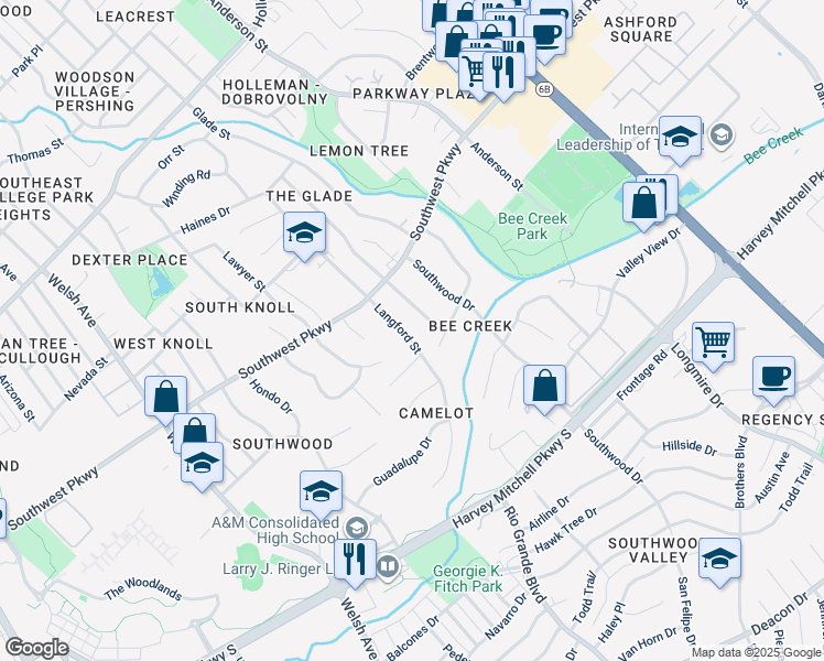 map of restaurants, bars, coffee shops, grocery stores, and more near 1819 Langford Street in College Station